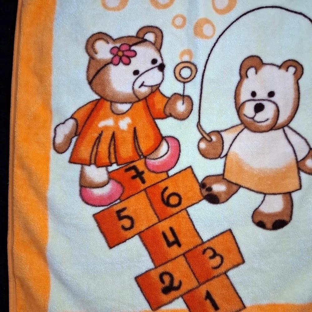Playing Bears Fleece Orange Yellow Throw Blanket Hopscotch Jump Rope Bubbles BIG